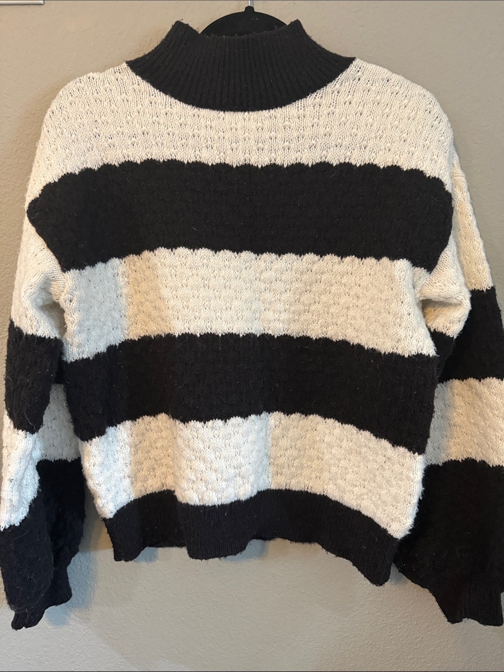 Nine West Black Cream Striped Open Knit Mock Neck Sweater Small